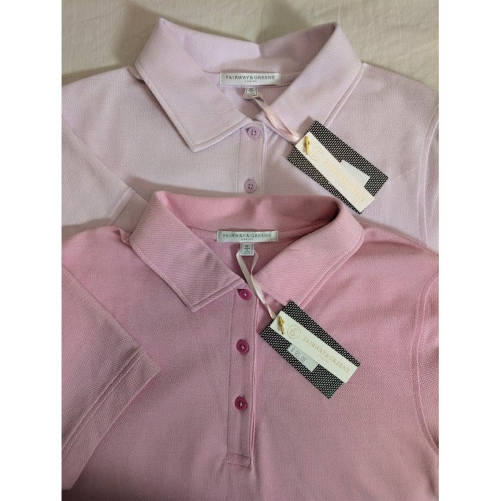 (2) Fairway & Greene Reese Polo Shirts Womens M Pink Purple Pique Stretch NWT